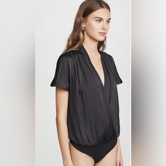 NWT Paige Dijon Satin Short Sleeve Faux Wrap Thong Bodysuit Black, Sz S - Picture 6 of 12